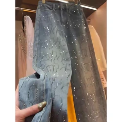 Hot Stamping Diamond Jeans for Women 2025 Spring Autumn Trendy Shiny Rivet Wide Leg Pants Female Straight Loose Denim Pants