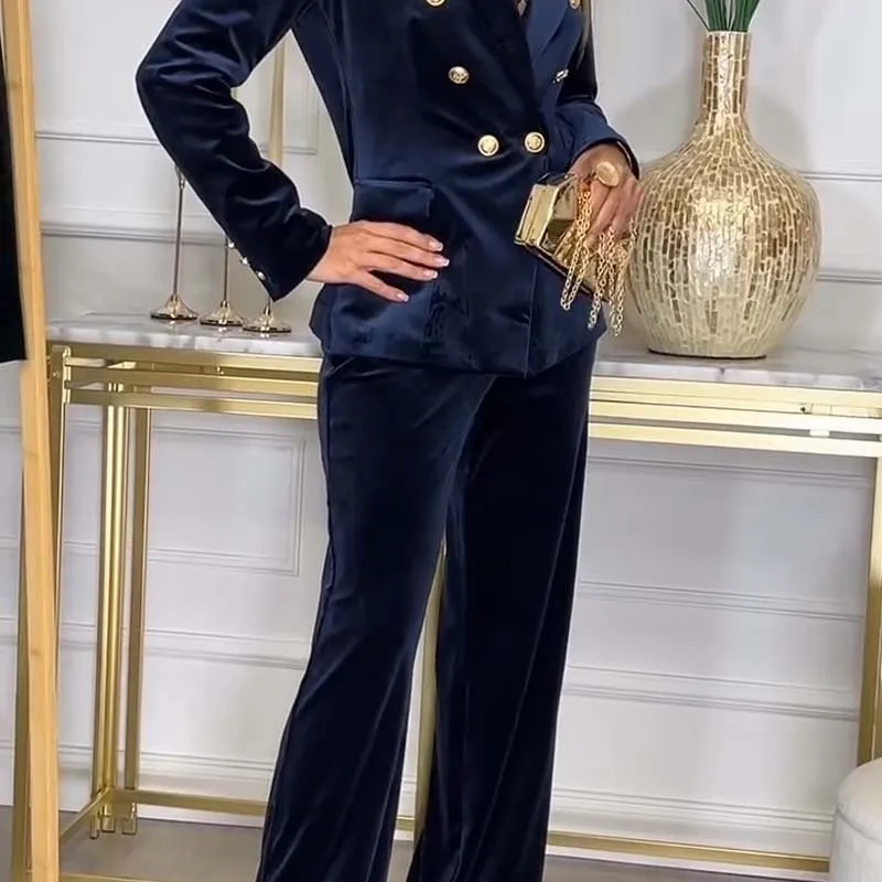 مزدوجة الصدر بدلة مخملية بنطلون قطعتين جديد الخريف الشتاء المرأة موضة بنطلون دعوى المرأة بدلة رياضية بانت مجموعات