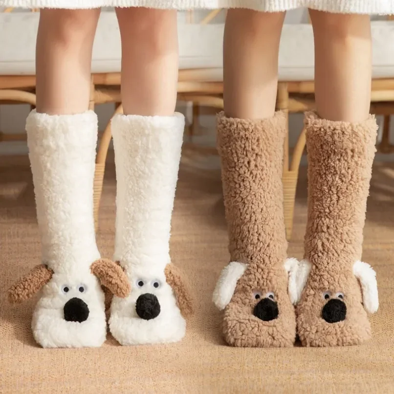 Thermal Sock Women Cartoon 3D Dog Winter Warm Plush Non slip Home Sleeping Soft Female Floor Funny Fuzzy Fluffy Slipper Sock