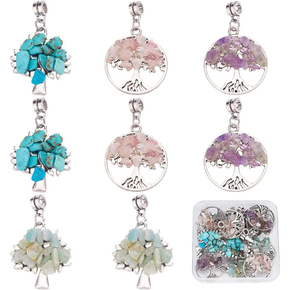 1 Box 16Pcs 4 Styles Tree of Life Crystal Charm Silver Flat Round Plant Tree Charm Bulk Amazonite Amethyst Rose Quartz Turquoise