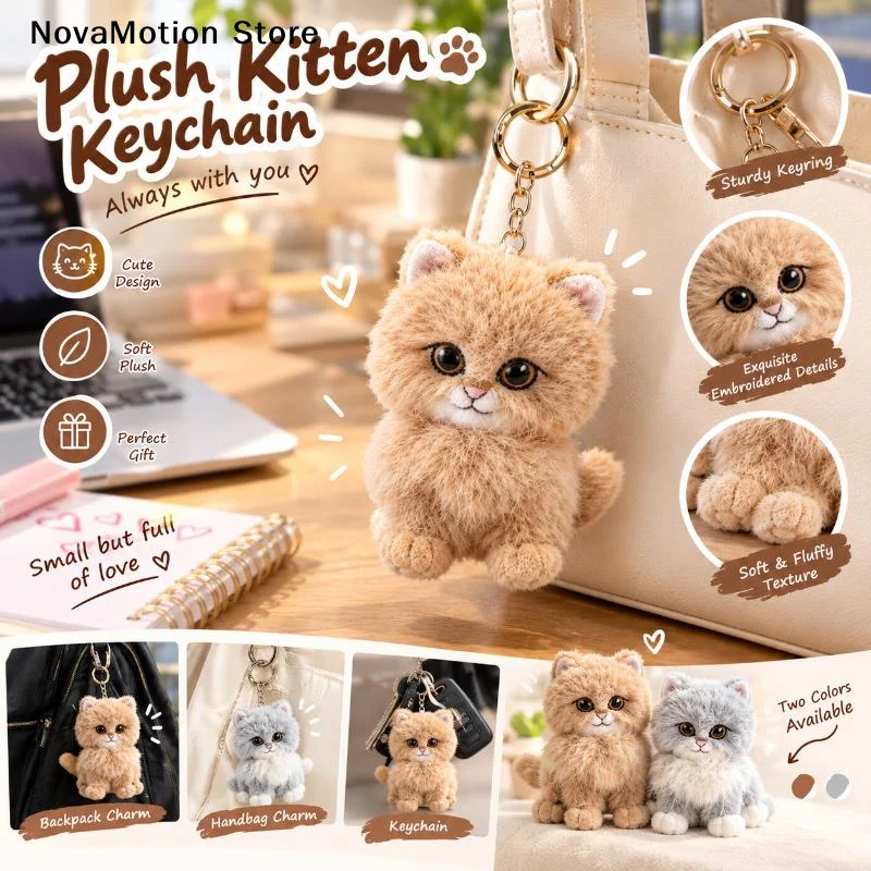 [NM]Cute Cartoon Kitten Pendant Cat Keychain Metal Clip Furry Texture Soft Realistic Kitten Shape Bag Charm Animal Keychain Gift