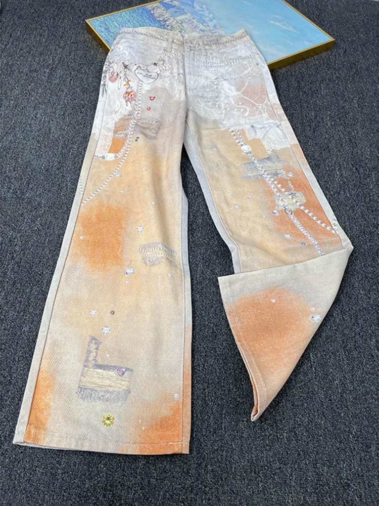 

Окрашенные оранжевые джинсы с принтом тай-дай, мужские и женские брюки с 3D-цепочкой в американском стиле High Street, маленький дизайн, брюки с изогнутым ножом