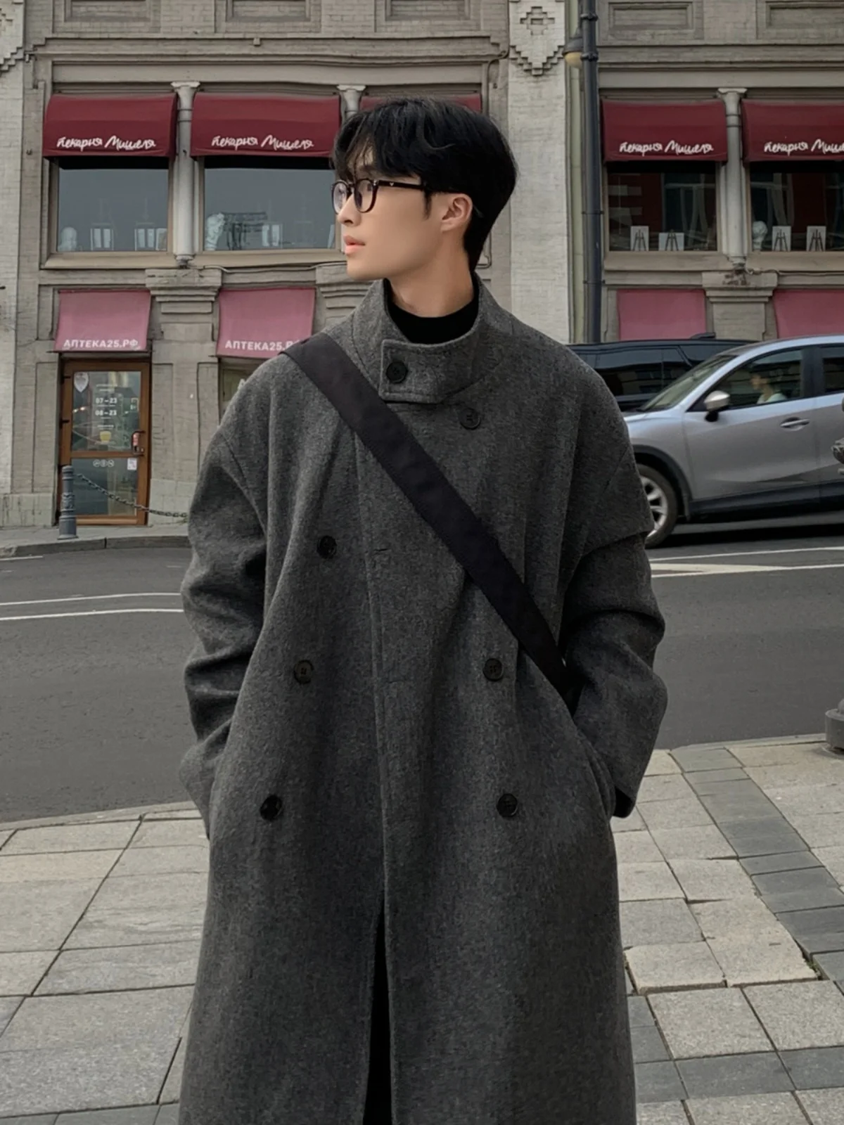 

ay Woolen Men's Coat Medium-Length Autumn Winter Korean Sle Suit Jaet Matures Serious Briti Sle Stand Collar Windbr...