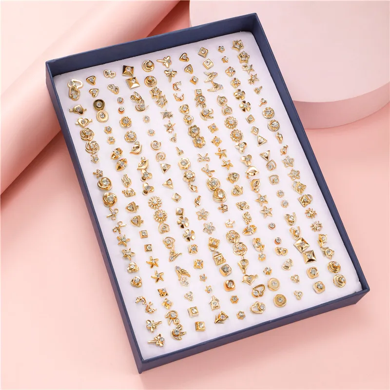 100 Pair/Lot Small Mini Stud Earring Set For Girl Love Star Animal Geometric Random Female Wedding Party Ear Jewelry Accessories