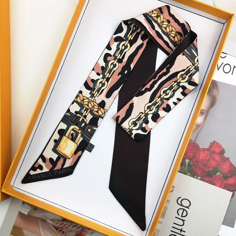 

2026 Fashion Leopard Print Chain Lock Double Layered Twill Silk Bag Handbag Handle Ribbon Scarf Hair Head Band Neck Scarf