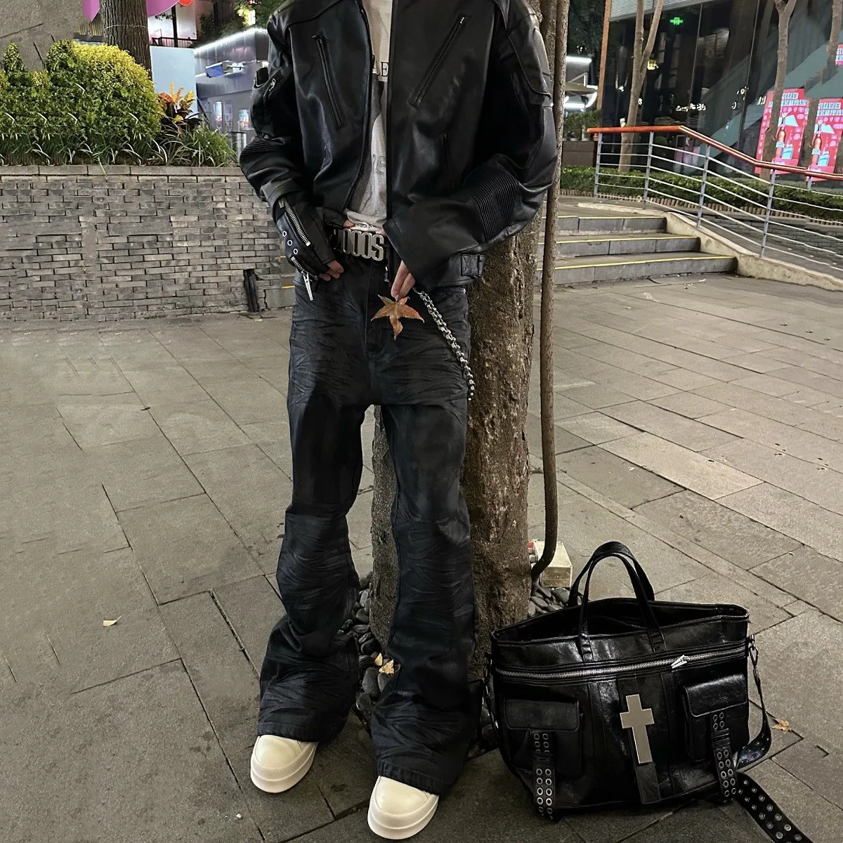 

Handmade American Style Elastic Waist Bootcut Jeans Men's Casual Floor-Length Trousers Vintage Straight Leg Pants