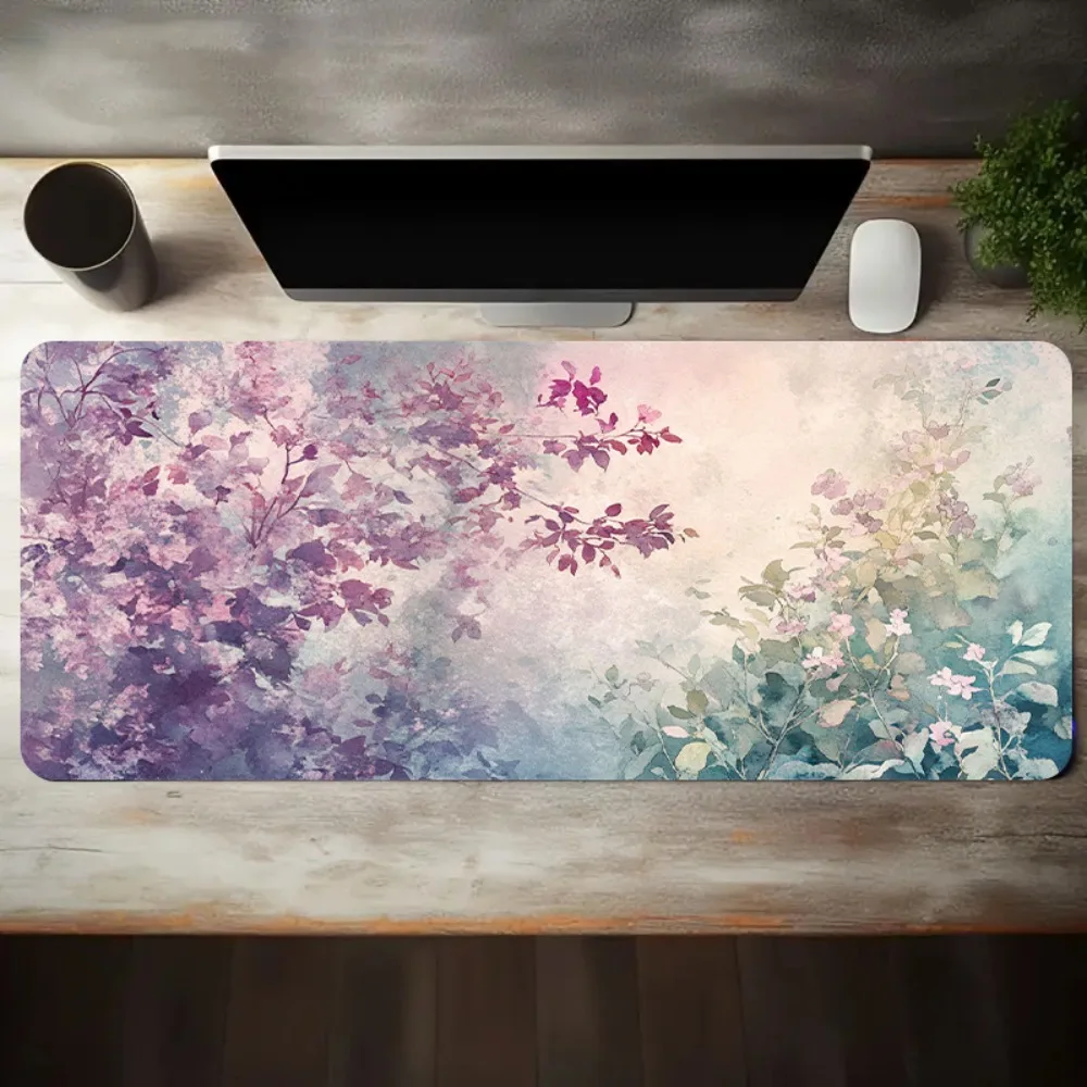Tapis de souris et accessoires pour ordinateur de bureau avec motif aquarelle de fleurs violettes pastel et feuilles vertes