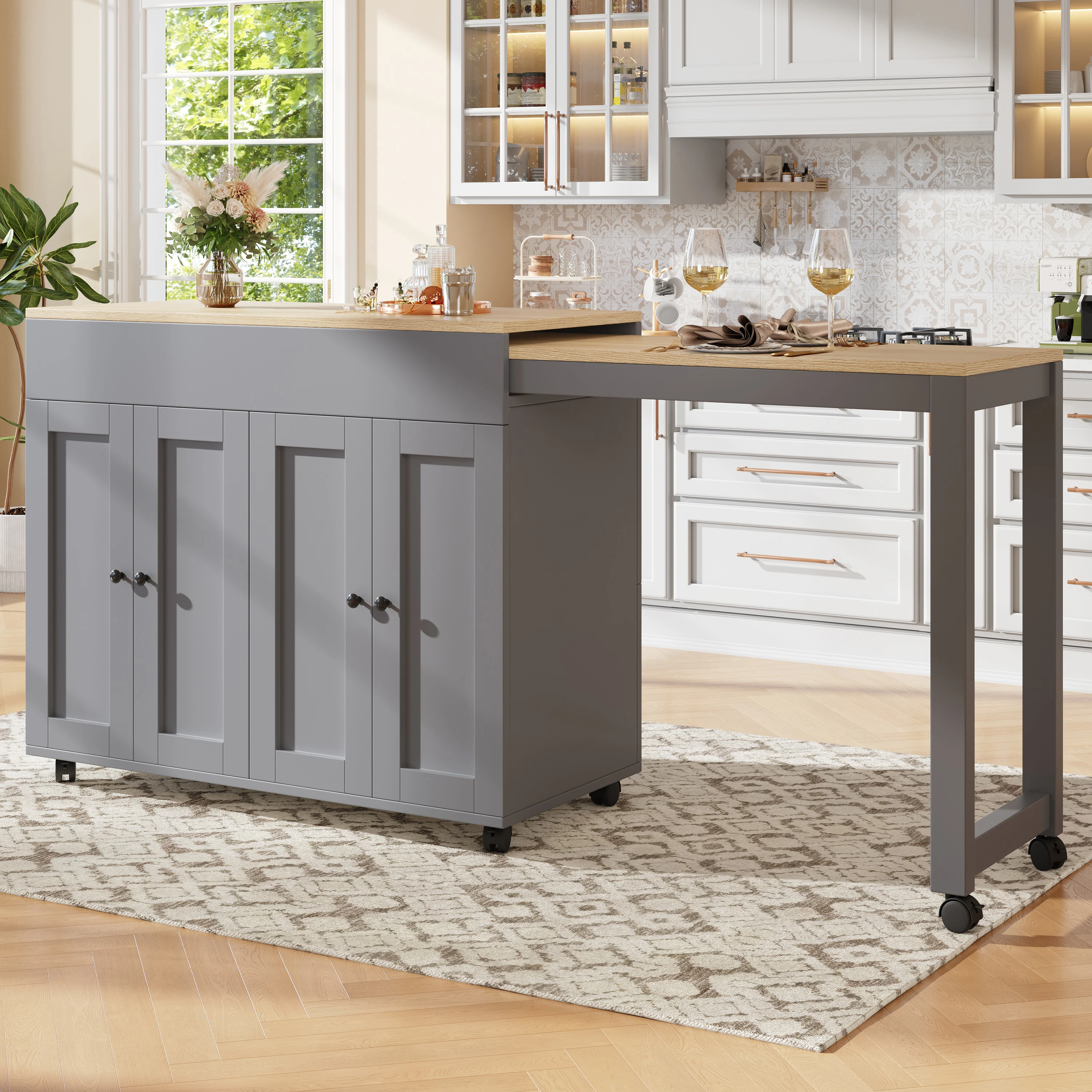 Table barre extensible : 6 niches, plateau coulissant, MDF Gris