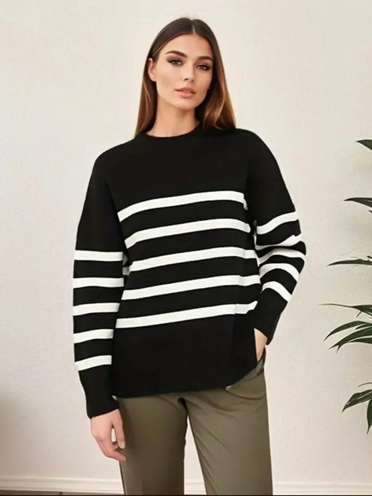 Autumn Winter Basic Sweater Women Long Sleeve O-Neck Pullovers Oversized Loose Striped Casual Jumper Tops Women 2025 New Sweater