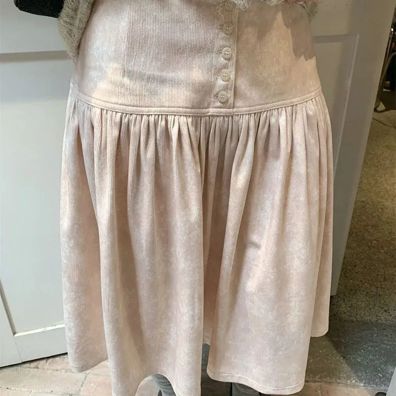 

Осень-зима, розовые юбки на пуговицах, женские литературные мягкие юбки-миди трапециевидной формы, элитная плиссированная юбка с высокой талией