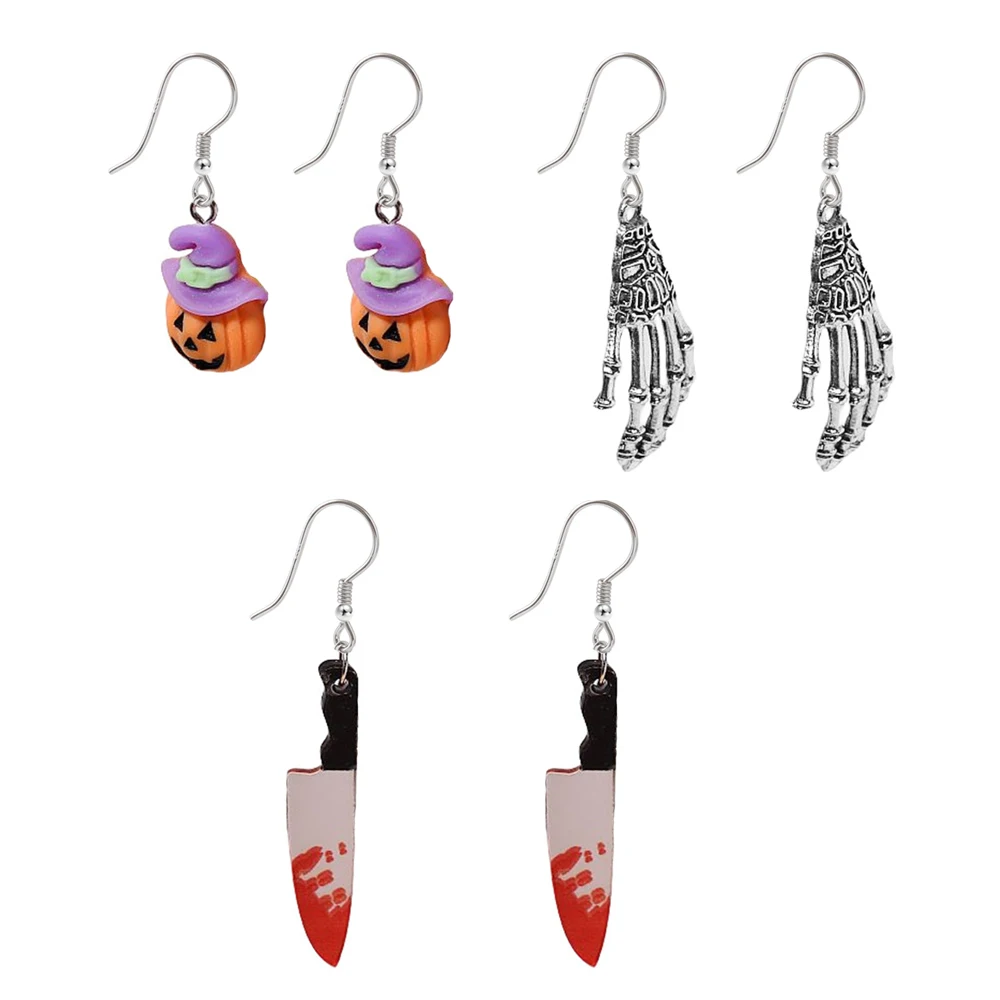 

Halloween 3 Pairs Ear Hook Hat Pumpkin Red BloodA knife Scary Claws Dangle Earrings For Women Girls Festivals Party A gift