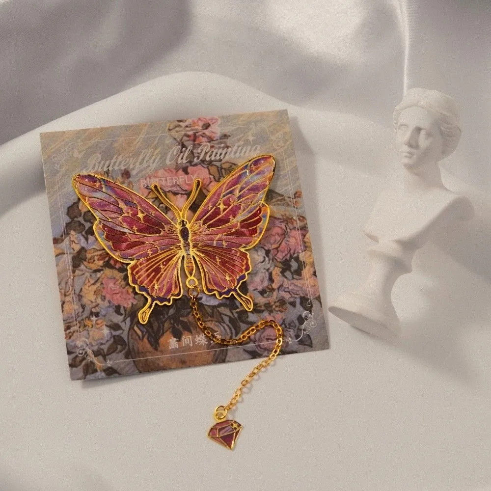 Colorful Butterfly Bookmark Metal With Chain Oil Painting Bookmarks Pendant Decorative Stationery Bronzing Bookmark