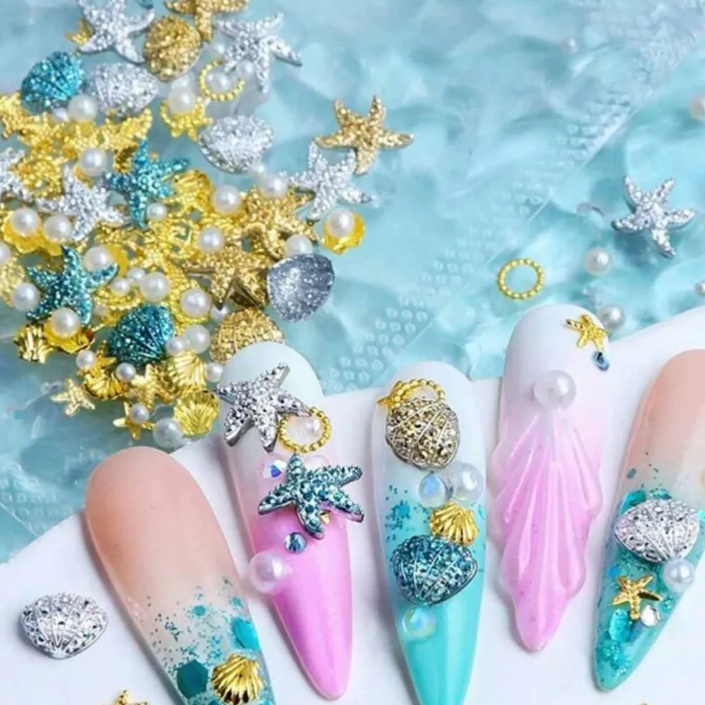1Bag Summer Beach Sea Star Shell Nail Charms Ocean Theme Nail Rhinestone Diamonds Starfish Sea Shell Nail Gem Manicure Supplies
