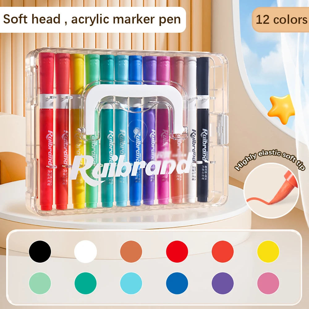 

12 colors Acrylic marker pen washable student art watercolor pen opaque color stackable brush