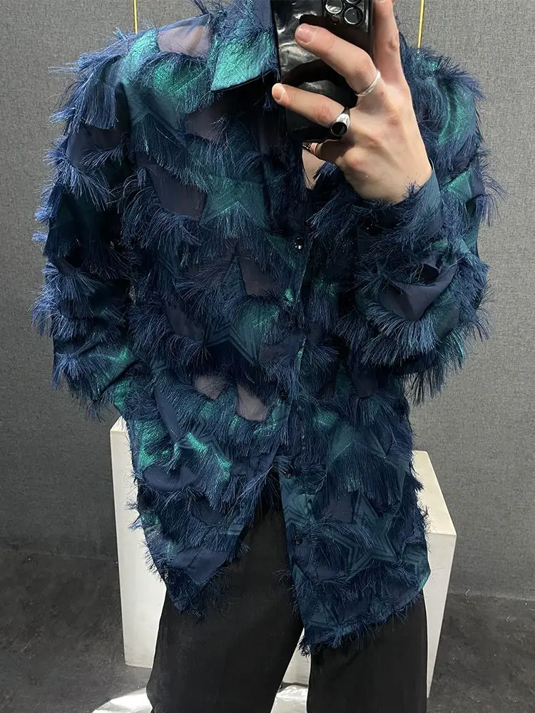 

Мужская рубашка оверсайз с длинным рукавом, стильная, с бахромой, трендовая, в городском стиле