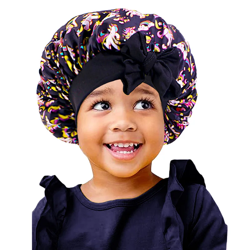 

Adjustable Silky Satin Cap Cartoon Baby Kids Print Satin Bonnet Sleep Hat Cap for Curly Hair