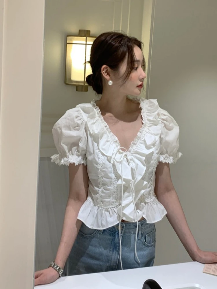 

Sli V-Ne Bubble Sve irt для женщин с поясом Slim Fit ort Length Floral Korean Sle Commute Bubble Sve Top