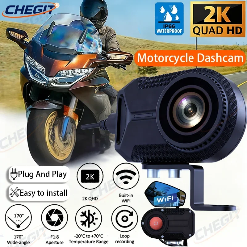 Motorcycle Dash Cam Waterproof IP66 DVR 170 ° Wide Angle Lens Loop Recording WiFi Night Vision G-Sensor Support 32 GB 64GB 2K HD