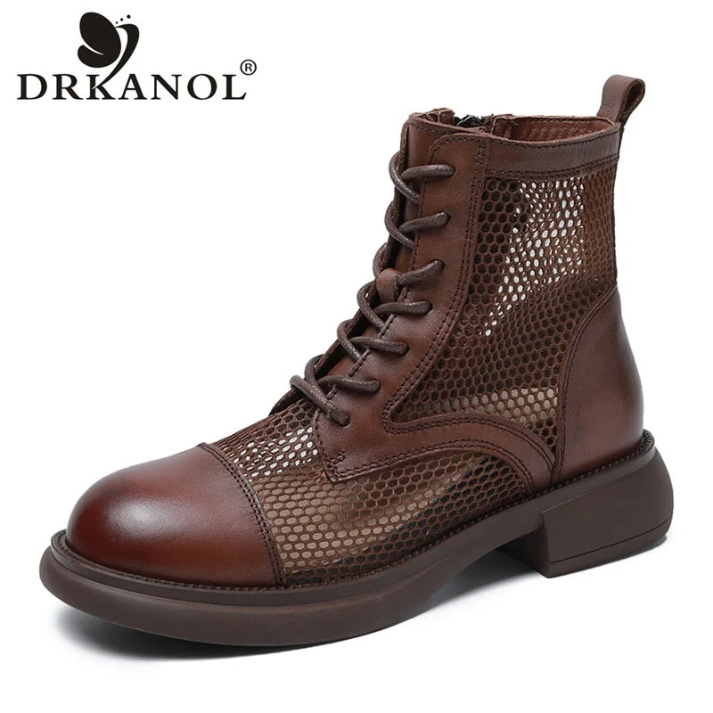 DRKANOL Summer Cool Boots Women British Style Genuine Cow Leather Air Mesh Breathable Flat Heel Casual Ankle Boots Ladies Shoes