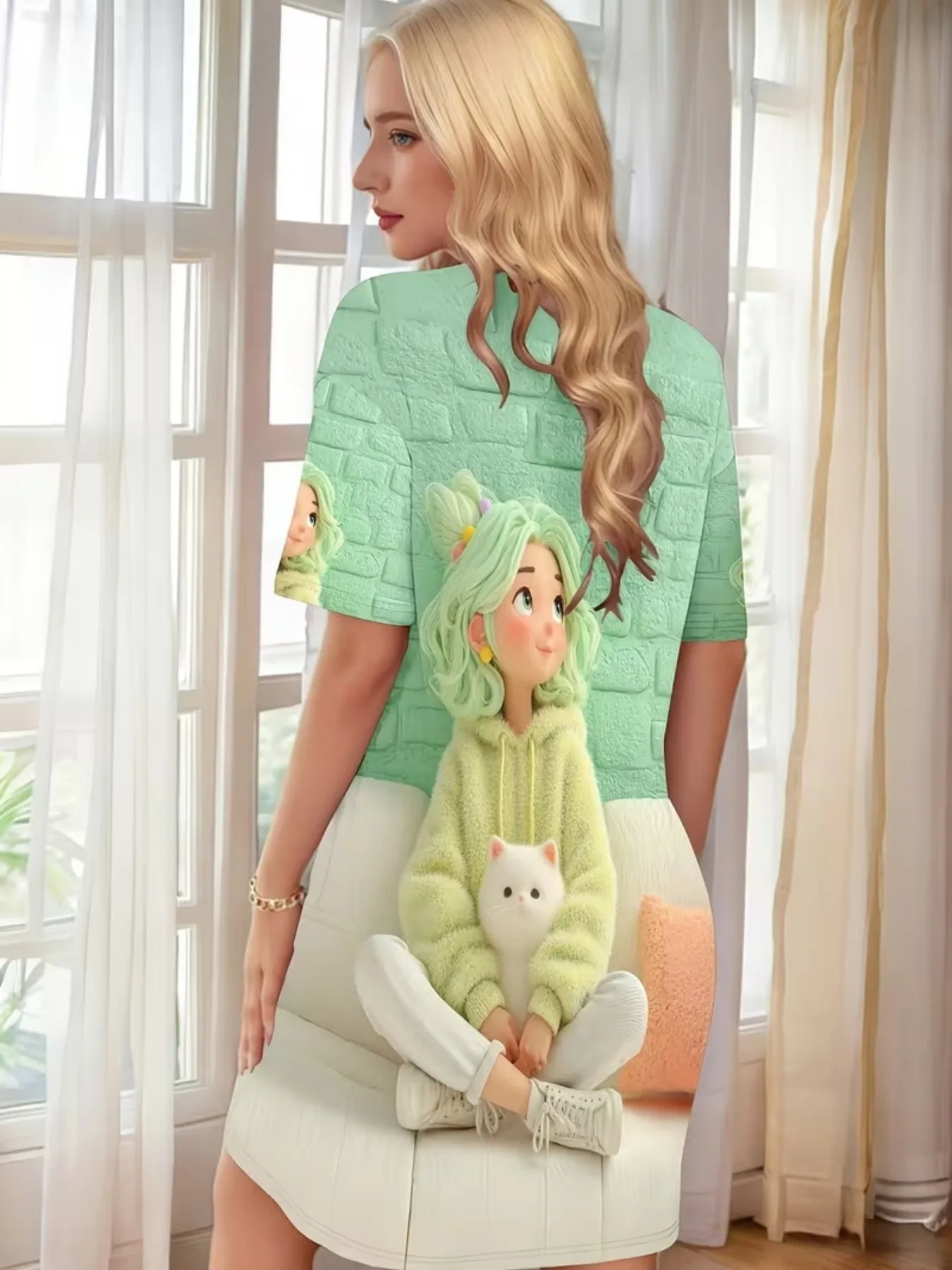 Fresh and Three-Dimensional Cartoon Green-Haired Girl and Little White Cat Brick Wall Background Pattern Women's Round Neck Short-Sleeve Home Sleep Dress