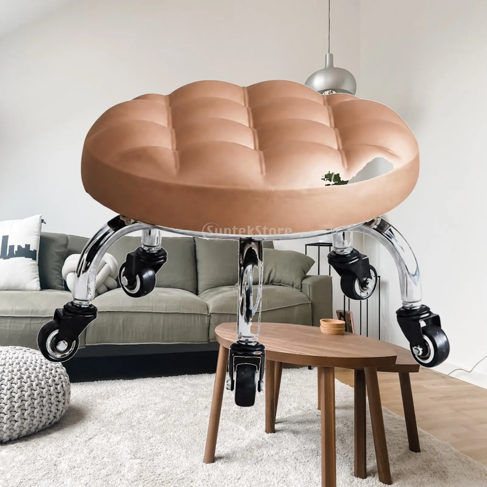 Swivel Caster Stool for Children Moving Seat Portable Leather Tufted Low Backless Chair for Home Vanity Room