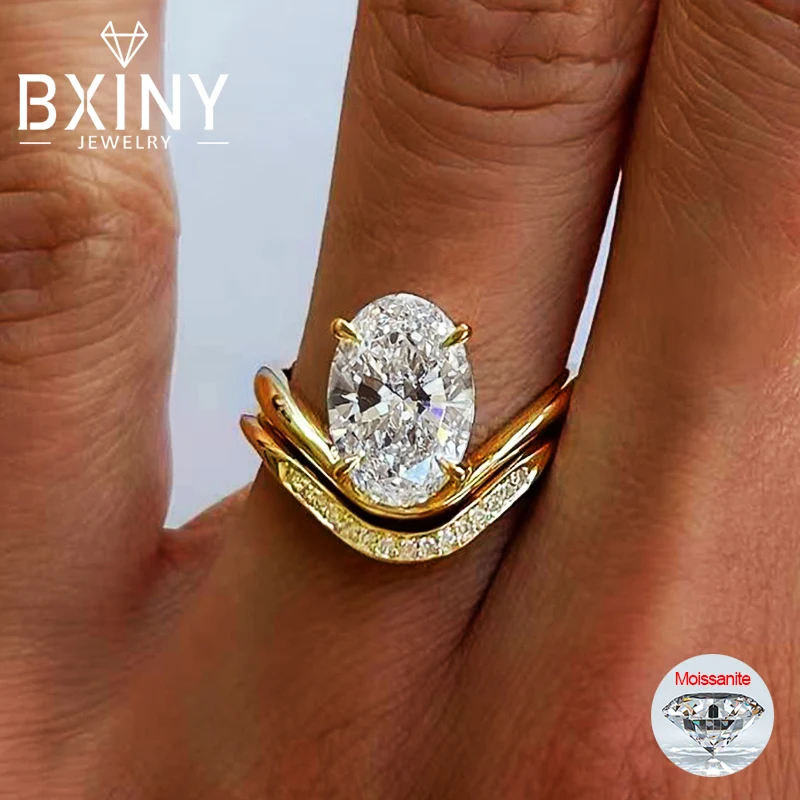 

BXINY 5CT Oval Cut Moissanite Ring Set S925 Silver Plate 18K Gold For Women Lab Diamond Wedding Bands Fine Jewelry GRA Certified