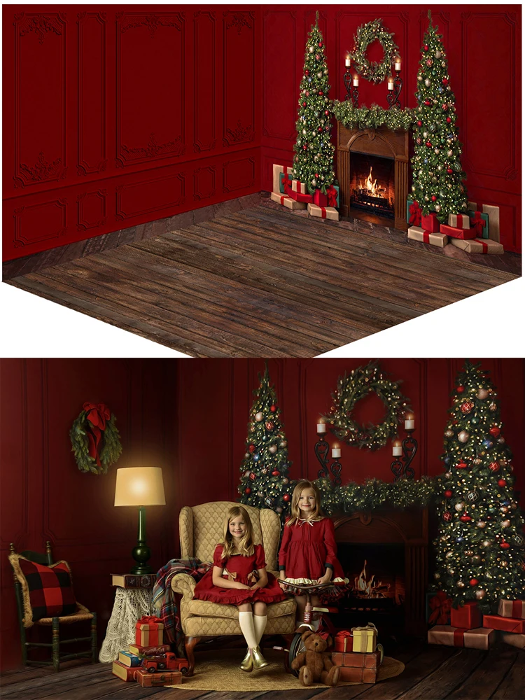 Classy Red Wall Christmas Photo Background Fireplace Xmas Tree Photography Backdrop Family Party Kid Portrait Photo Studio Props