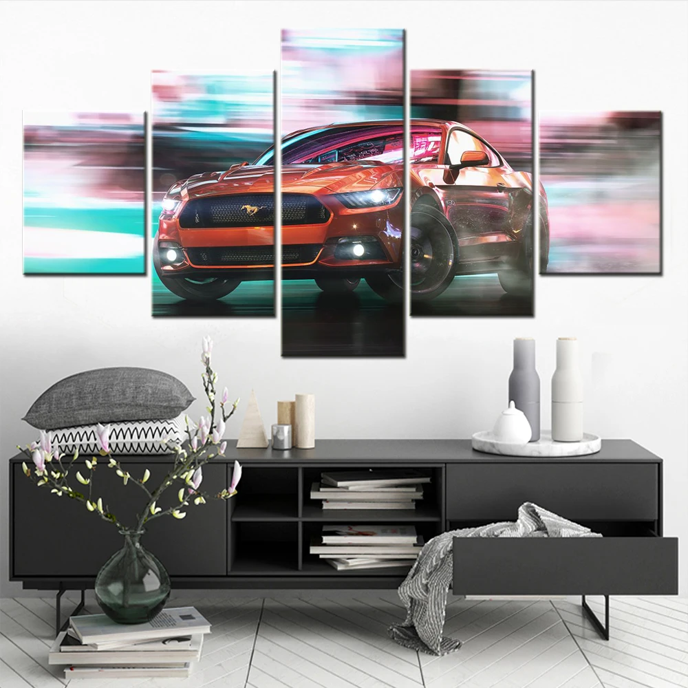 5 Pieces Canvas Wall Arts Poster Painting Sports Cars Ford Mustang Drift Wallpaper Modular Picture Print For Bedroom Home Decor