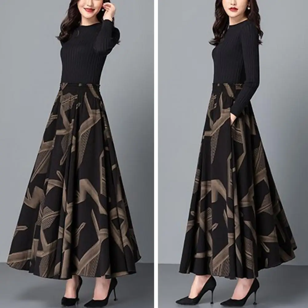 Printed Loose Fit Skirt Elegant Retro Ruffle Maxi Skirt with High Waist A-line Colorblock Design Soft for Women for Parties