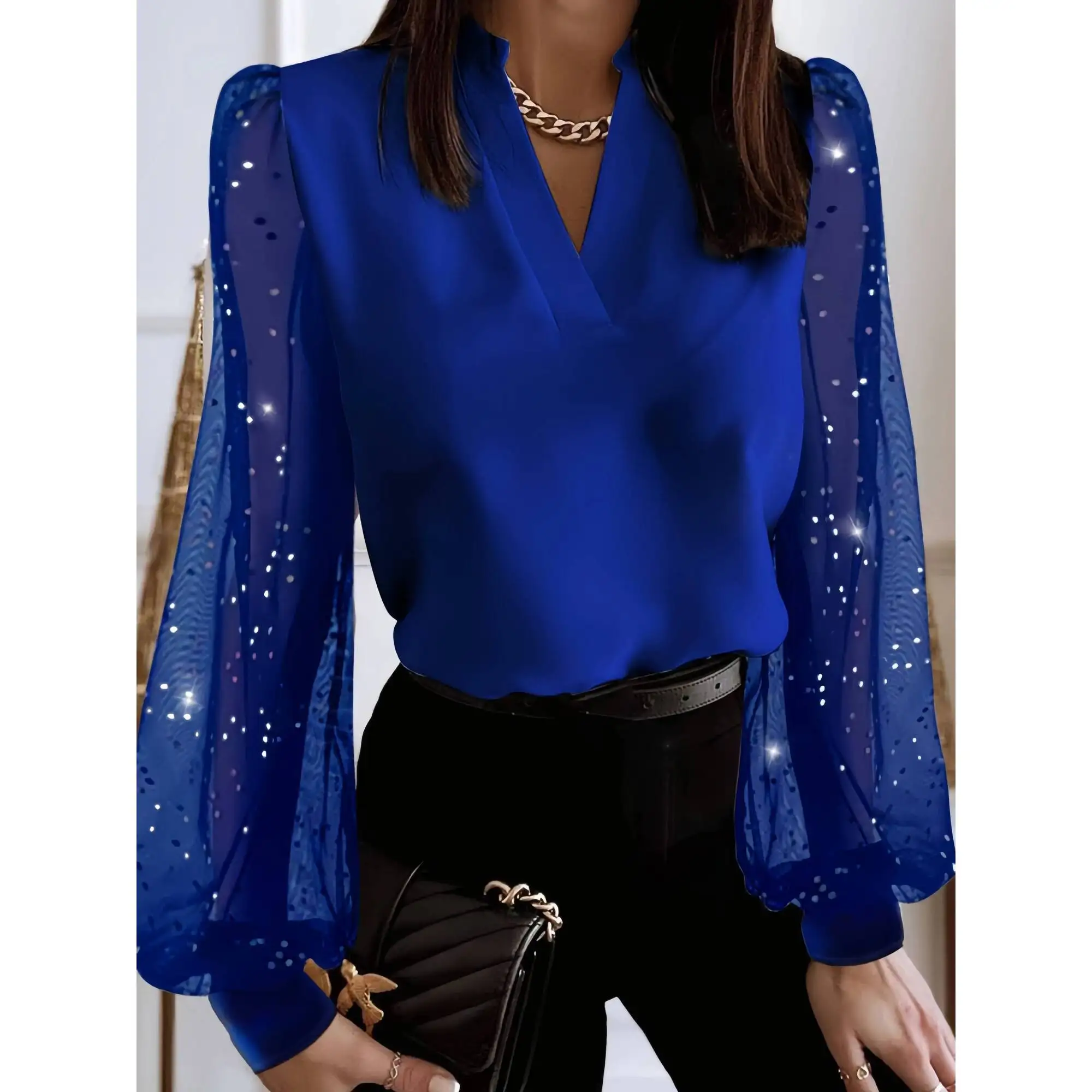 

Женская синяя блузка с V-образным вырезом, сетчатыми вставками, блестящими пышными рукавами, шифоновая рубашка, легкая повседневная офисная блузка для весны и лета