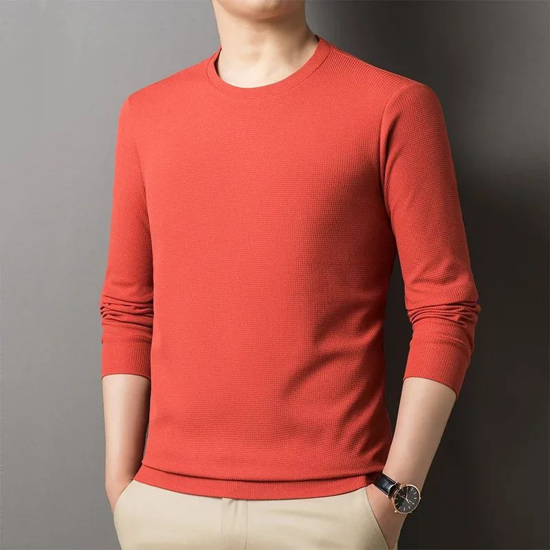 Male Clothes Casual Comfortable Solid Color Long Sleeve T-shirt Spring Summer Fashion Men\'s Round Neck All-match Pullovers Tops