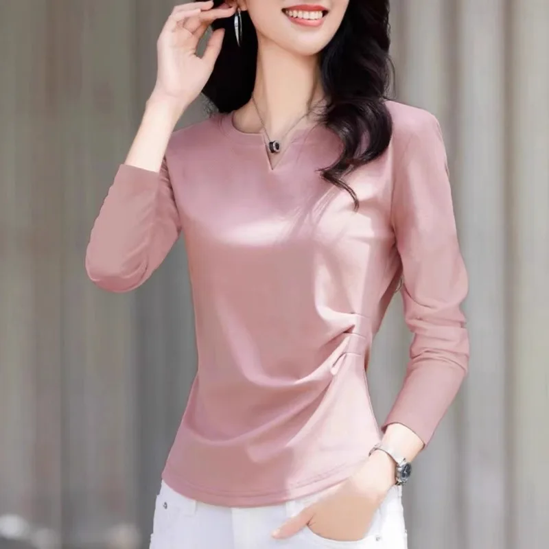 

V-neck Long-sleeved T-shirt for Women in Early Autumn 2025 New Pleated Waist Top Temperament and Versatile Base Shirt
