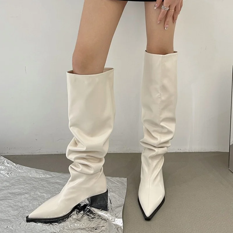 2025 Trend Geplooide Vrouwen Hoge Laarzen Punk Hoge Hakken Puntschoen Schoenen Winter Knie Hoge Designer Merk Lederen Vrouw Botas pompen