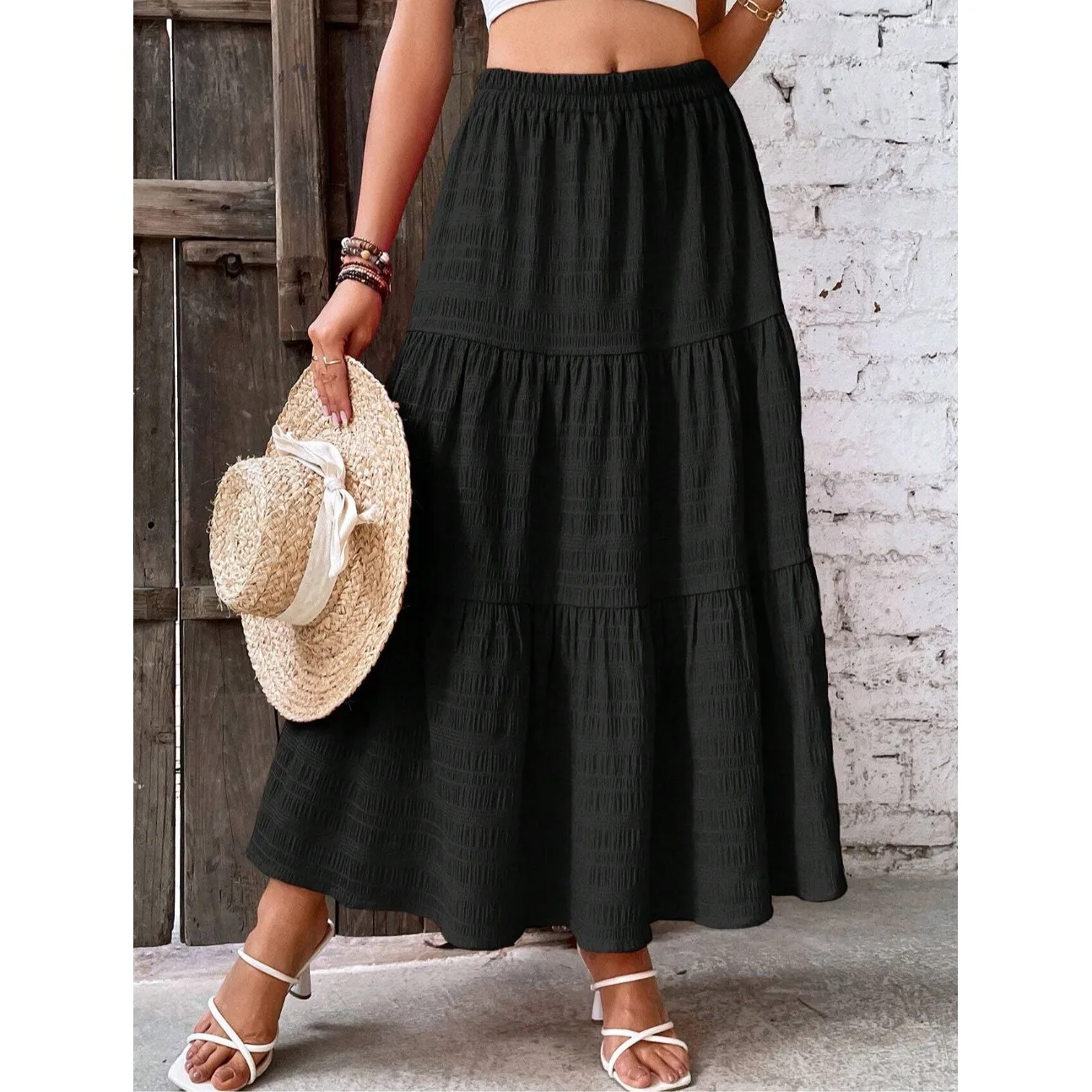 

Spring New Arrival Artistic Faion High Waist A-Line Umbrella Skirt Women's Loose Elastic Waist Midi Skirt Polyester Fabric