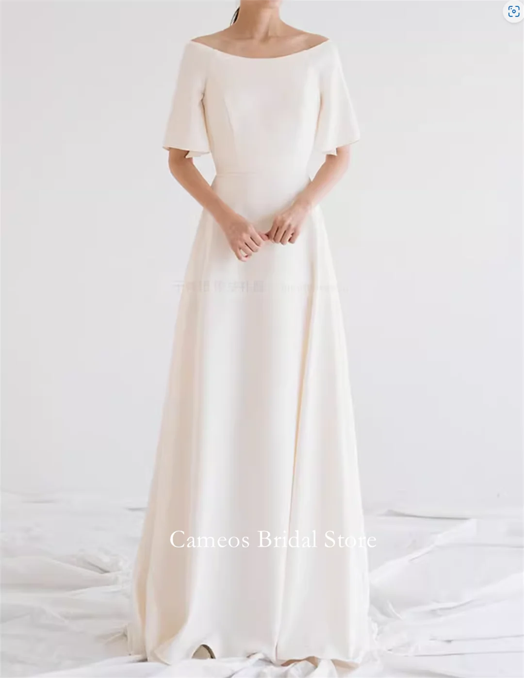 SONDR-vestidos de novia personalizados de manga corta, color marfil, cuello barco, corsé de satén coreano, corte en A, vestidos de novia para mujer