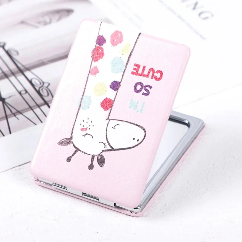 Espejo de maquillaje de cuero PU Rectangular versión coreana, espejo de maquillaje de Metal con impresión en Color de doble cara, espejo pequeño de regalo para mujer