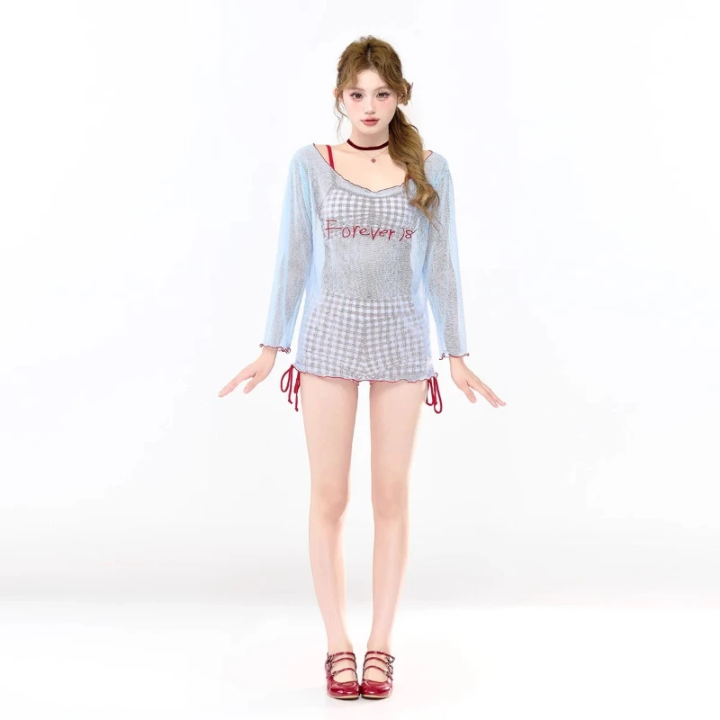 Korean Retro Y2k Plaid 3pcs Bikinins Set Women Sexy Kawaii High Waist Swimsuit with Mesh Cover Ups Swimwear Beach Bathing Suit