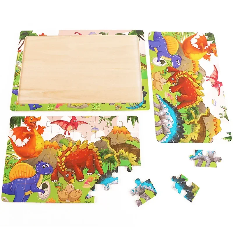 30 piezas rompecabezas de madera dibujos animados animales tráfico Tangram dinosaurio rompecabezas 3D juegos Montessori juguetes educativos para niños regalos