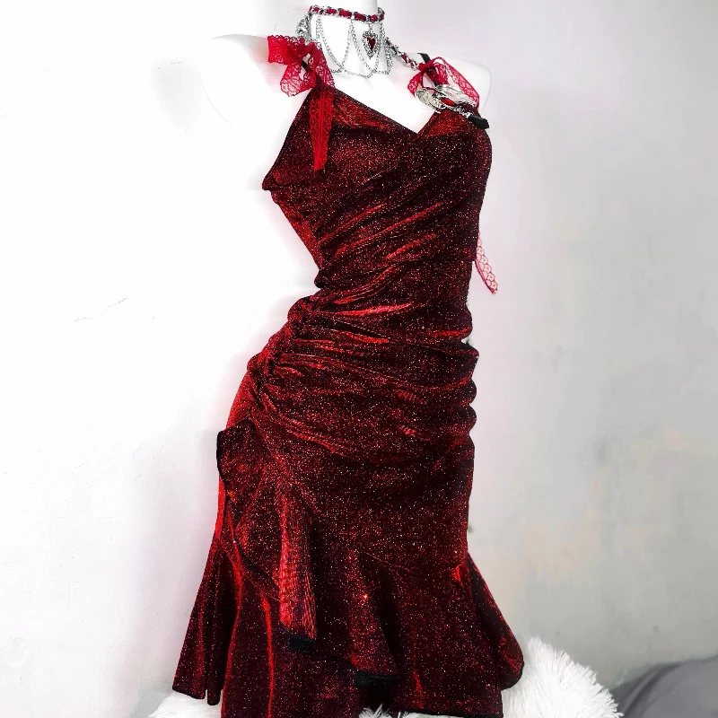 Original Design Dark Red V-Neck Sexy Bodycon Mermaid Dress Retro 2025 Spring Summer Sweet Cool Irregular Slimming Dresses Ladies