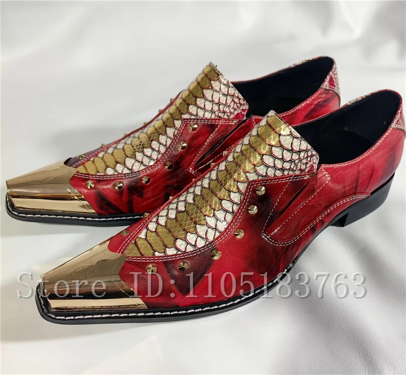 

Baroque Style Red Snake Print Men's Loafers Gold Metal Pointed Toe Rivet Genuine Leather Slip-On Formal Party Wedding Shoes