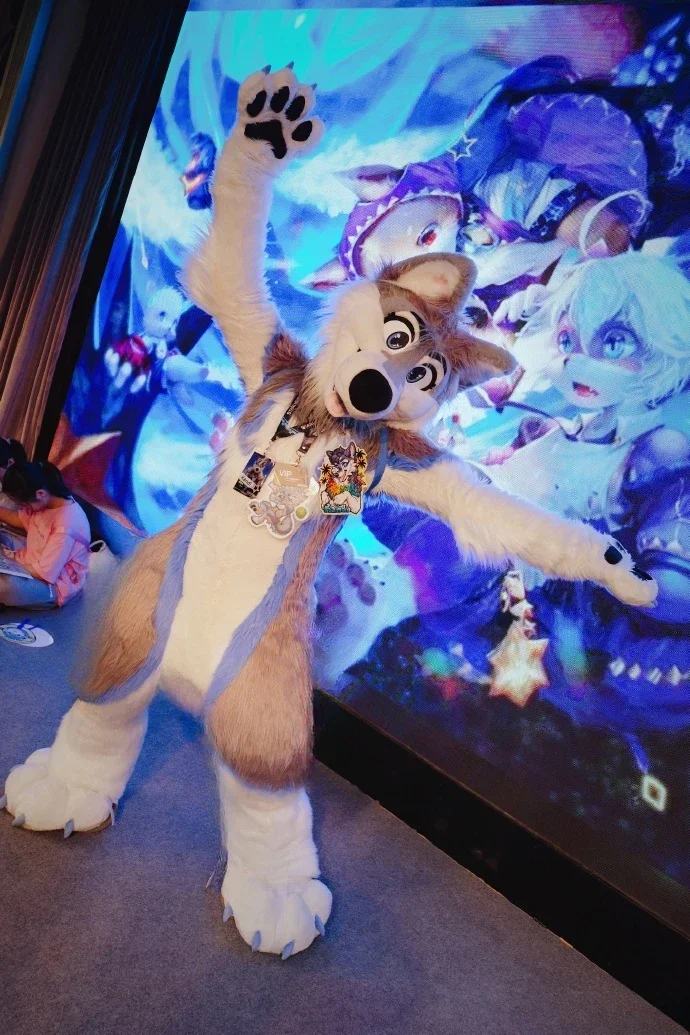 عيد الميلاد الفراء الثعلب الكلب أجش رمادي أبيض زي التميمة فروي البدلة Fursuit هالوين عيد الميلاد حفلة عيد ميلاد هدية