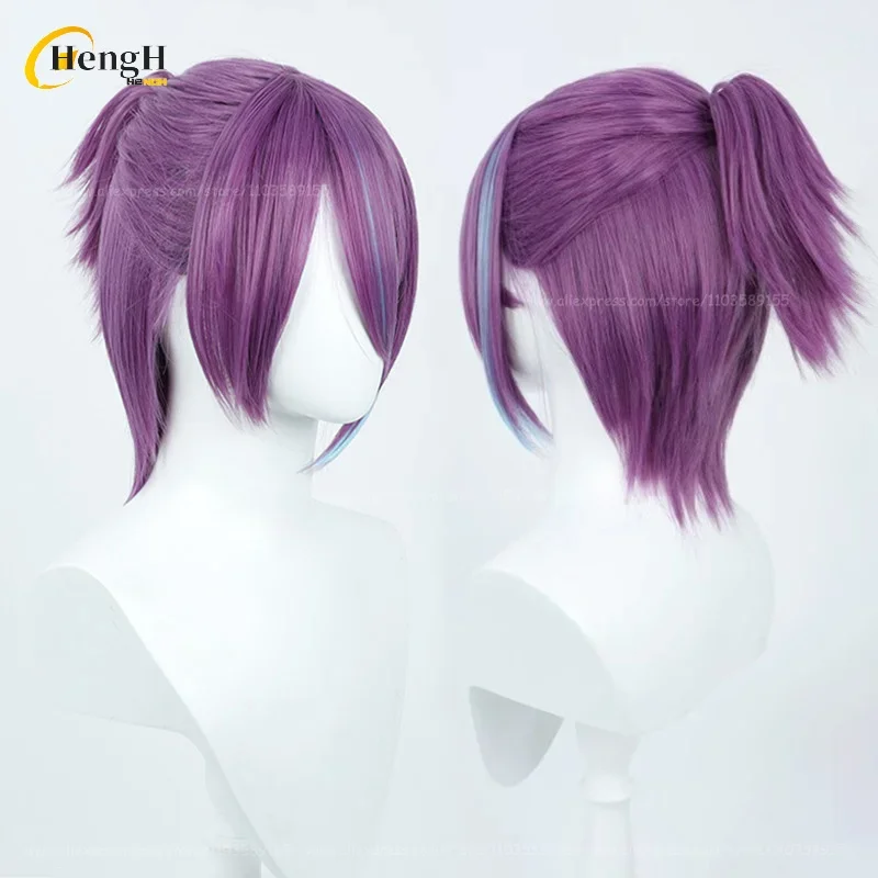 Kamishiro Rui Synthetic Hair Anime Short Purple Highlights Blue Cosplay Wig Earring Ear Heat Resistant Hair Halloween Party Wigs