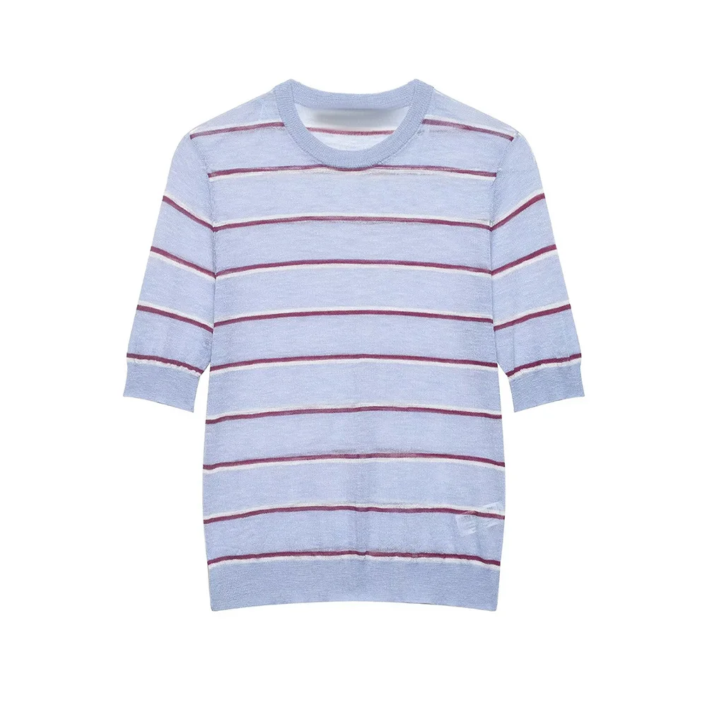 

Женский летний свитер 2026: Новинка, модный полосатый ультратонкий вязаный джемпер в стиле ретро с коротким рукавом, универсальный повседневный пуловер, шикарный топ