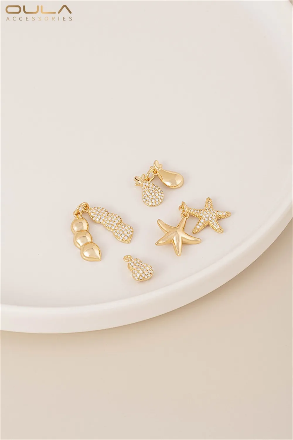Micro-inlaid Zircon 14K Gold-plated Bead-inlaid Money Bag Peanut Starfish Pendant, Handcrafted Diy Half-hole Bead Holder Pendant