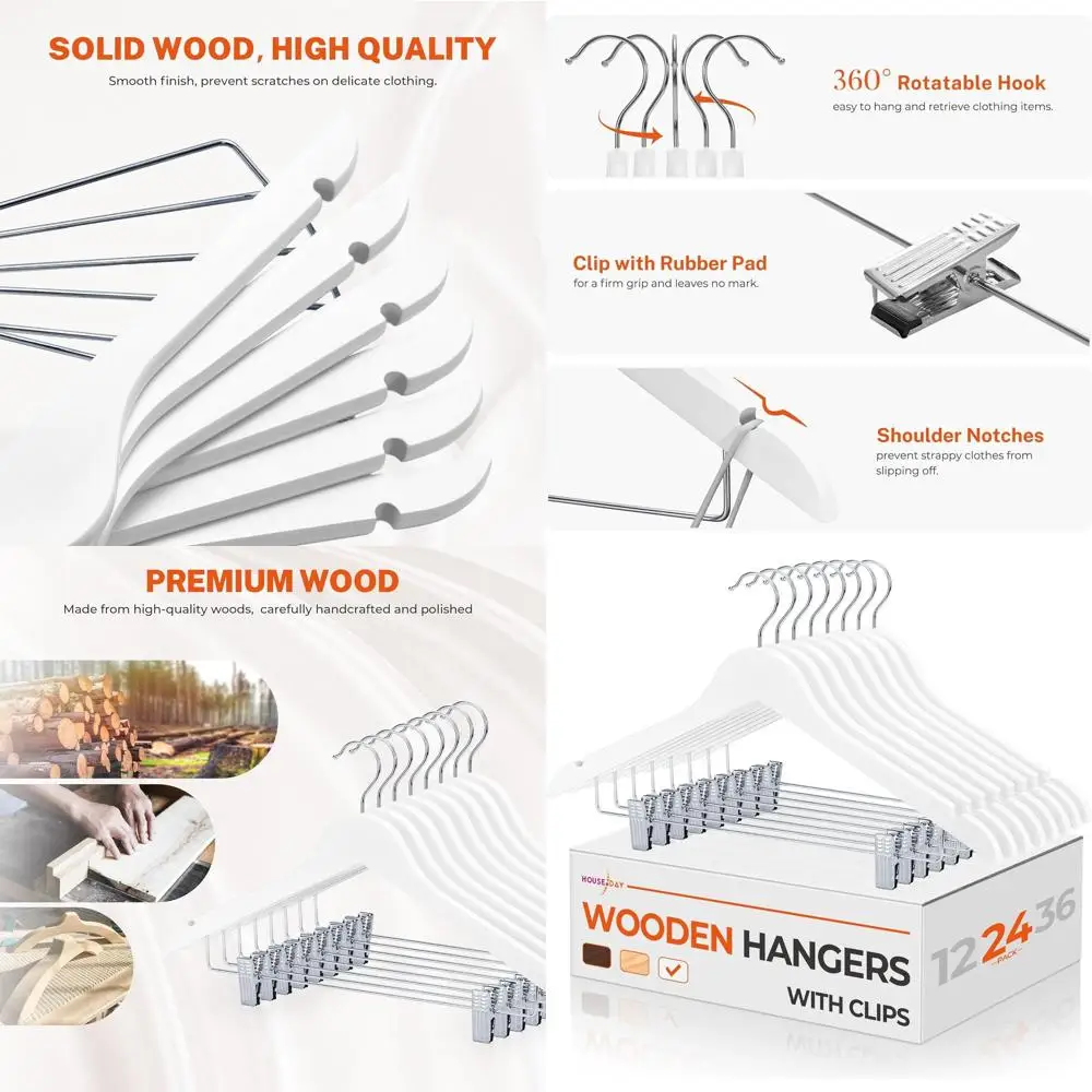 

Heavy-Duty White Wood Hangers with Clips for Skirts, Pants, Suits, and More