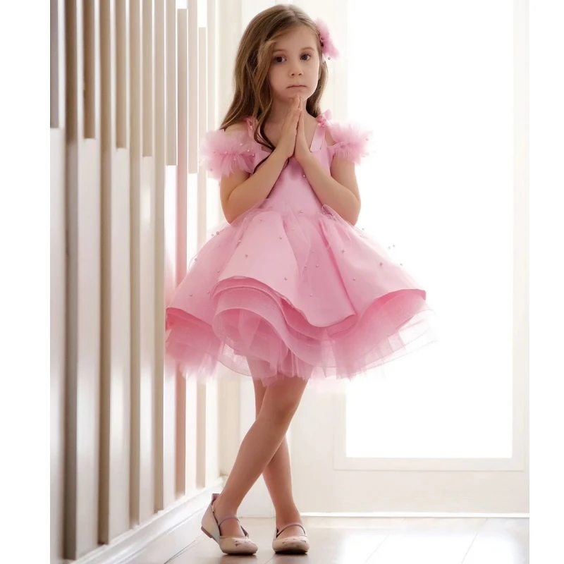 Flower Girl Dresses Pink Satin Tulle Puffy Pearls Short Sleeve For Wedding Birthday Banquet Princess Holy Communion Gowns