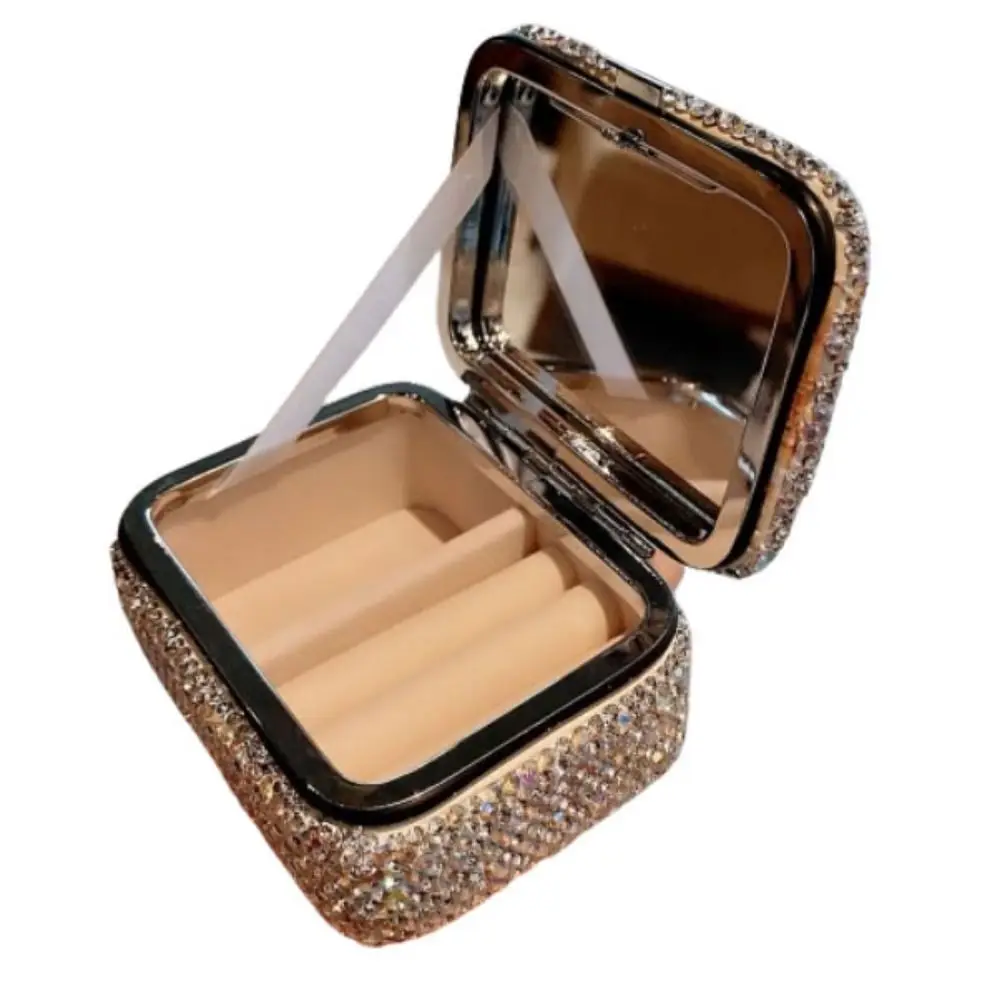 

Bling Mini Jewelry Box with Mirror Creative Rhinestone Necklace Storage Case Minimalistic with Makeup Mirror