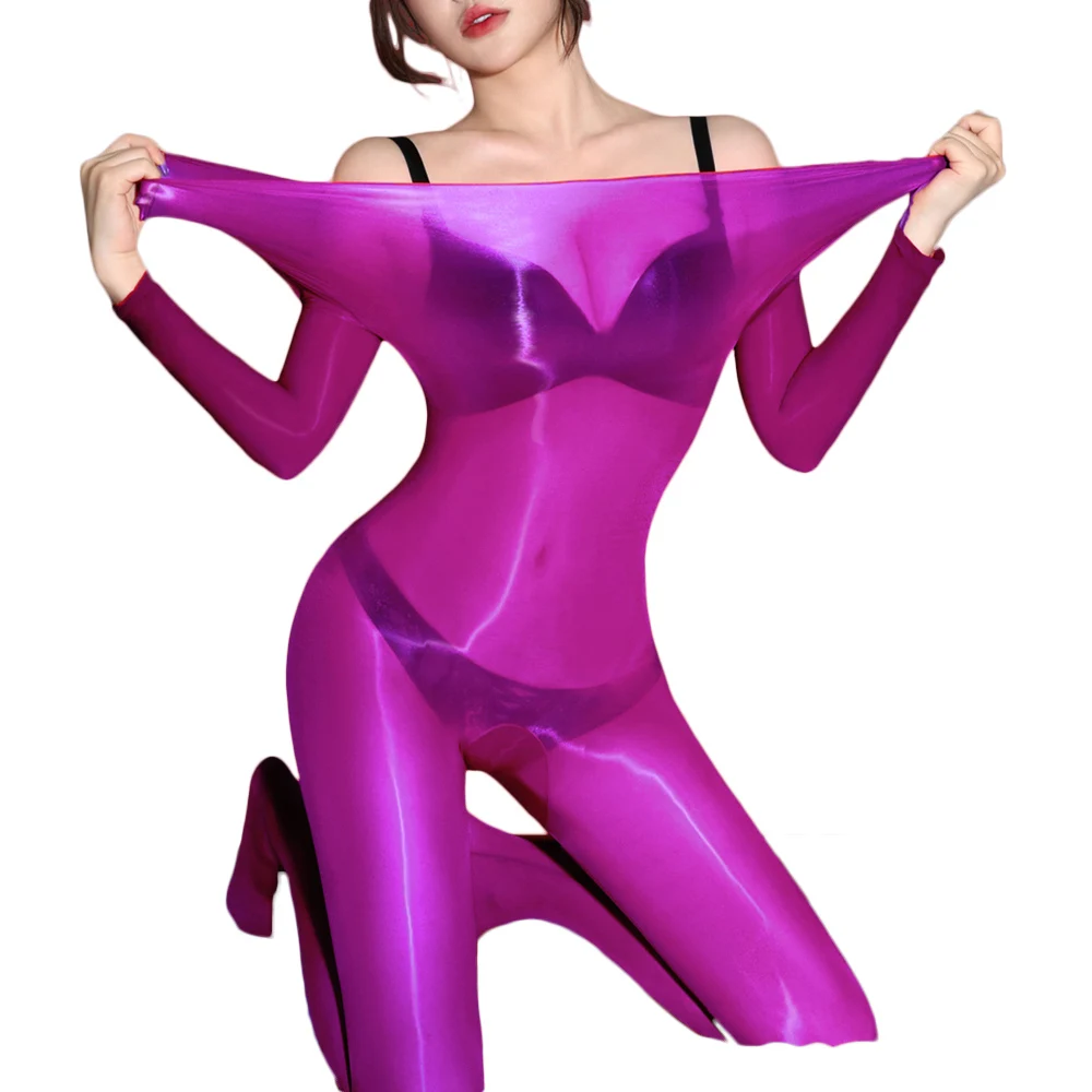 مثير المرأة تأثيري خادمة الجوارب المرنة النفط لامعة لامعة ارتداءها ثوب فضفاض رقيقة ضيق بذلة تشكيل يوتار مفتوحة المنشعب