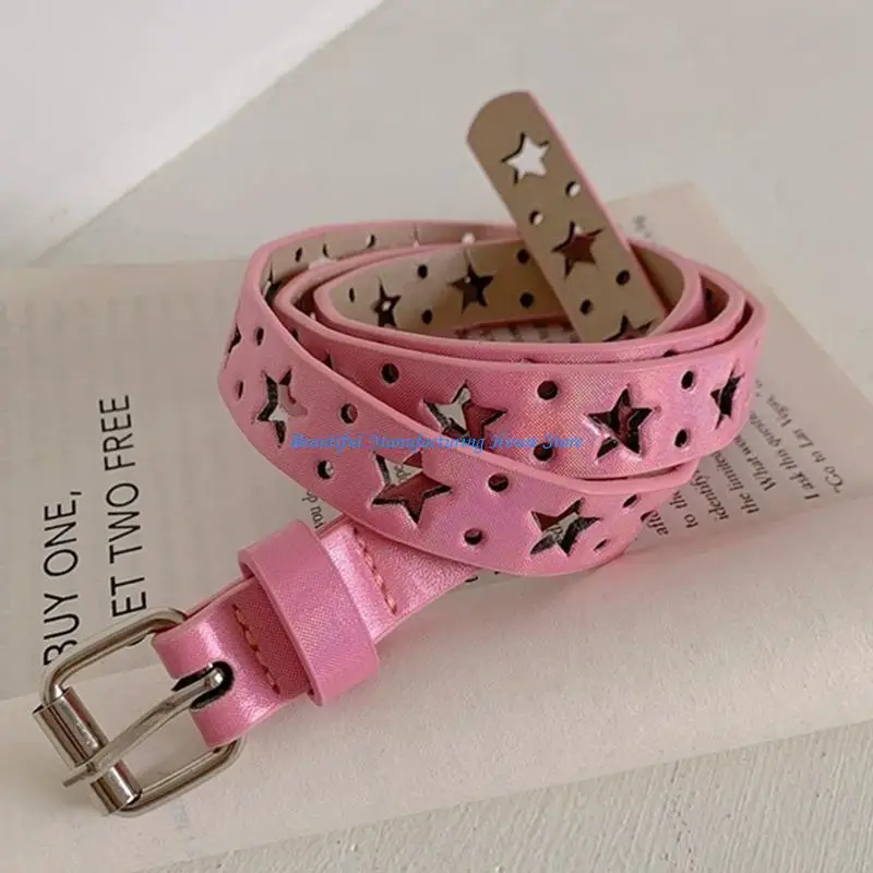 

E56A Hollow Out Star Waist Belts for Jeans Pink Belt for Y2K Girls Hip Hop Impressive Cowboy Stage Street Dance