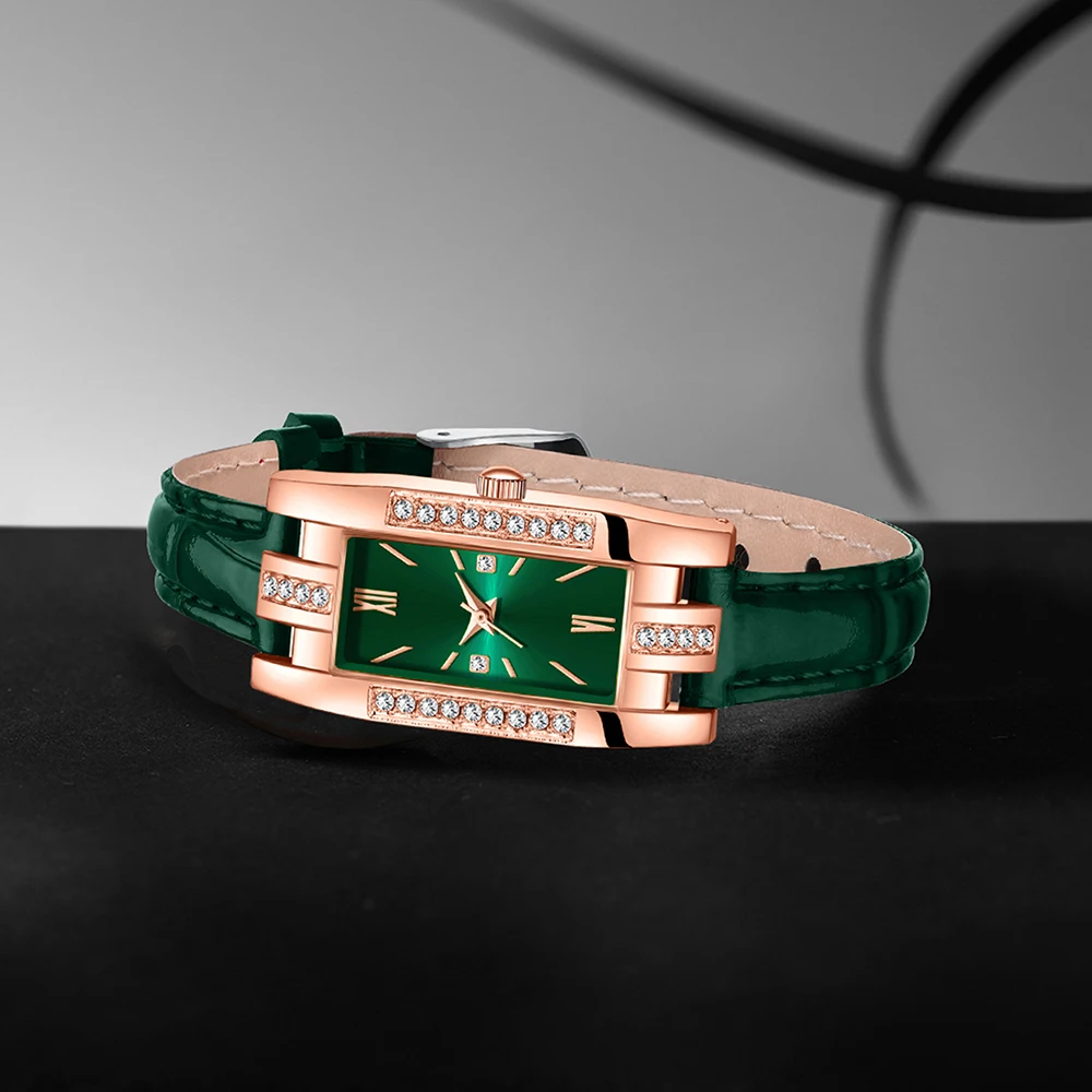 Women's watch light luxury diamond watch Tiktok student small green watch small female watch simple fashion quartz watch set image 4